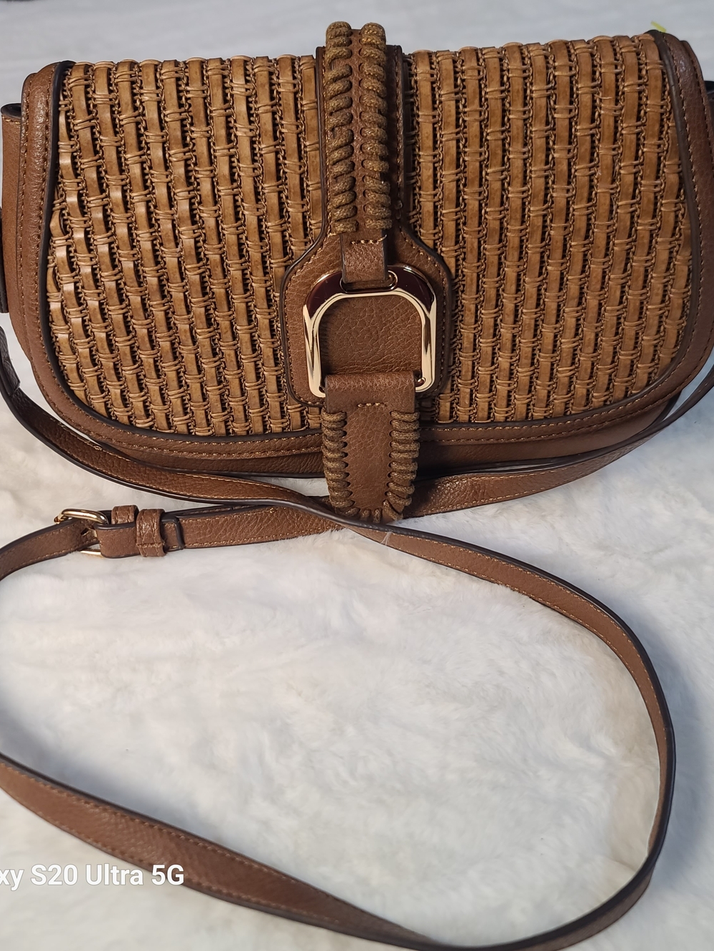 Woven Brown Leather-Trim Crossbody Bag